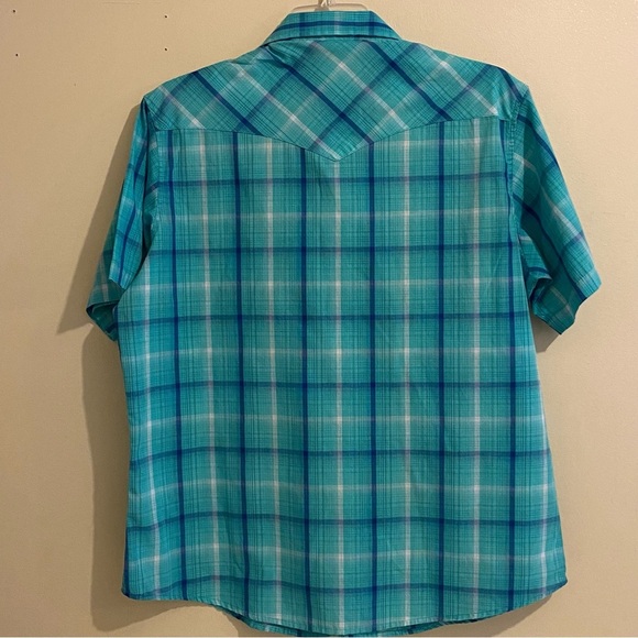 Wrangler Shirt Men's Size XL Western Plaid Pearl Snaps Short Sleeve Teal - Picture 2 of 10